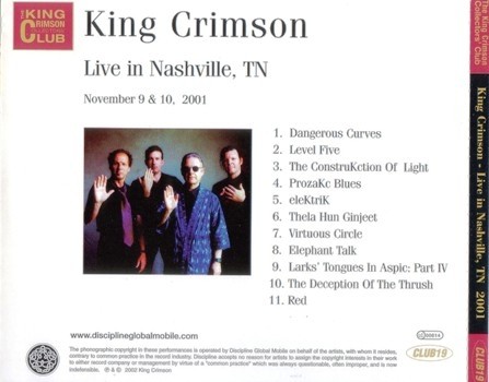 King Crimson - Live In Nashville, November 9 & 10, 2001 (Bootleg/D.G.M. Collector's Club 2002) Lossless