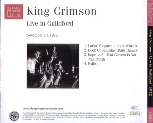 King Crimson - Live In Guildford, November 13, 1972 (Bootleg/D.G.M. Collector's Club 2003) Lossless