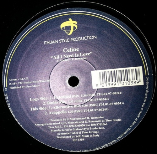 Celine - All I Need Is Love (Vinyl, 12'') 1997